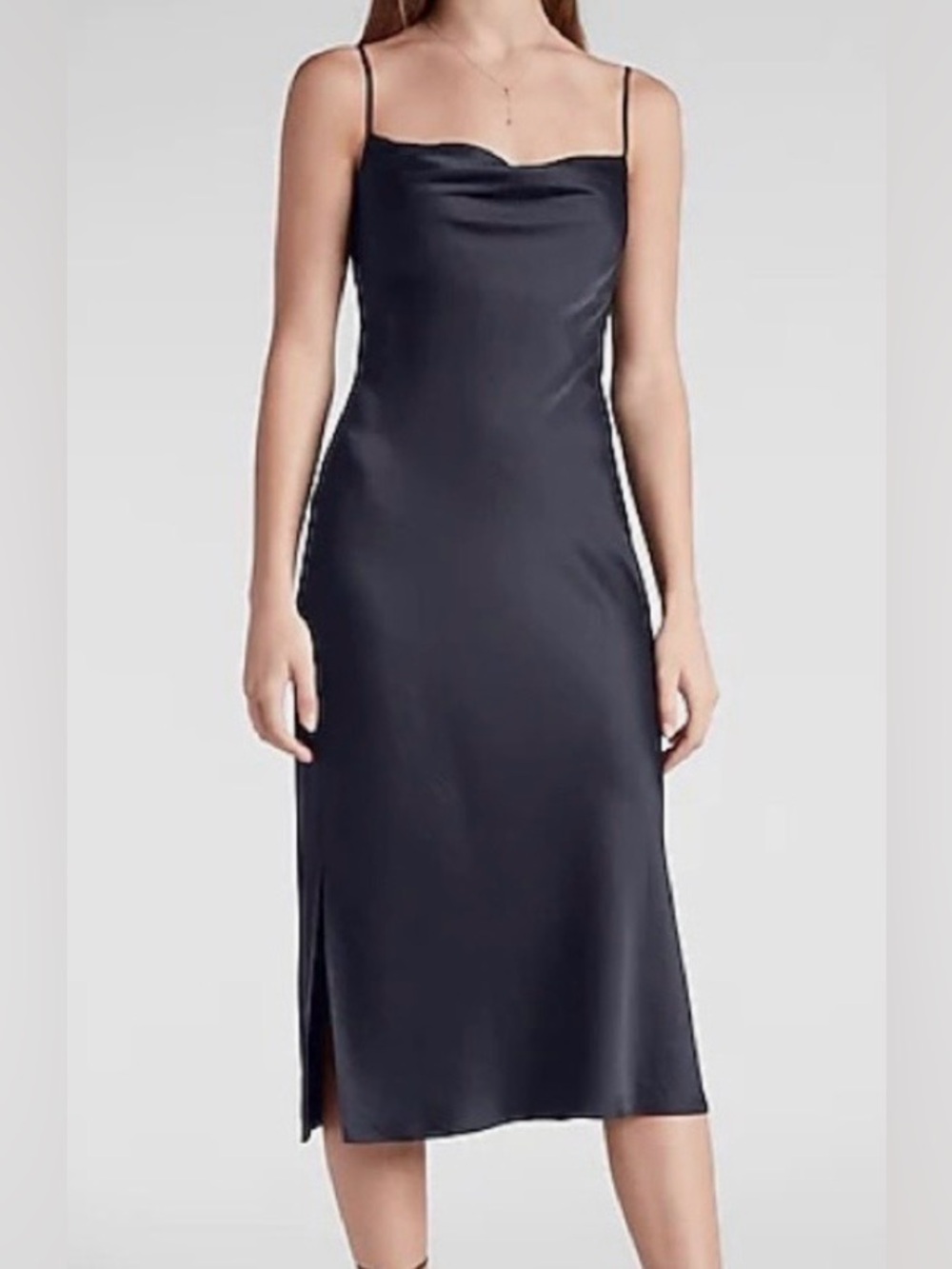Express Black Satin Midi Slip Dress with Cowl Neckline